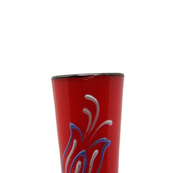Vintage Hand Blown Red Glass Vase with Hand Painted Enamel Flowers & Cased Metal - Picture 9 of 10